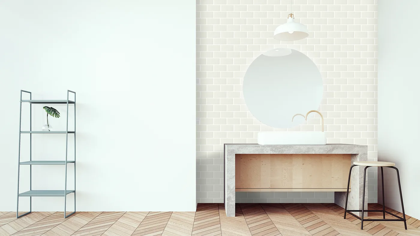 Self-adhesive wall tiles in brick pattern on interior wall